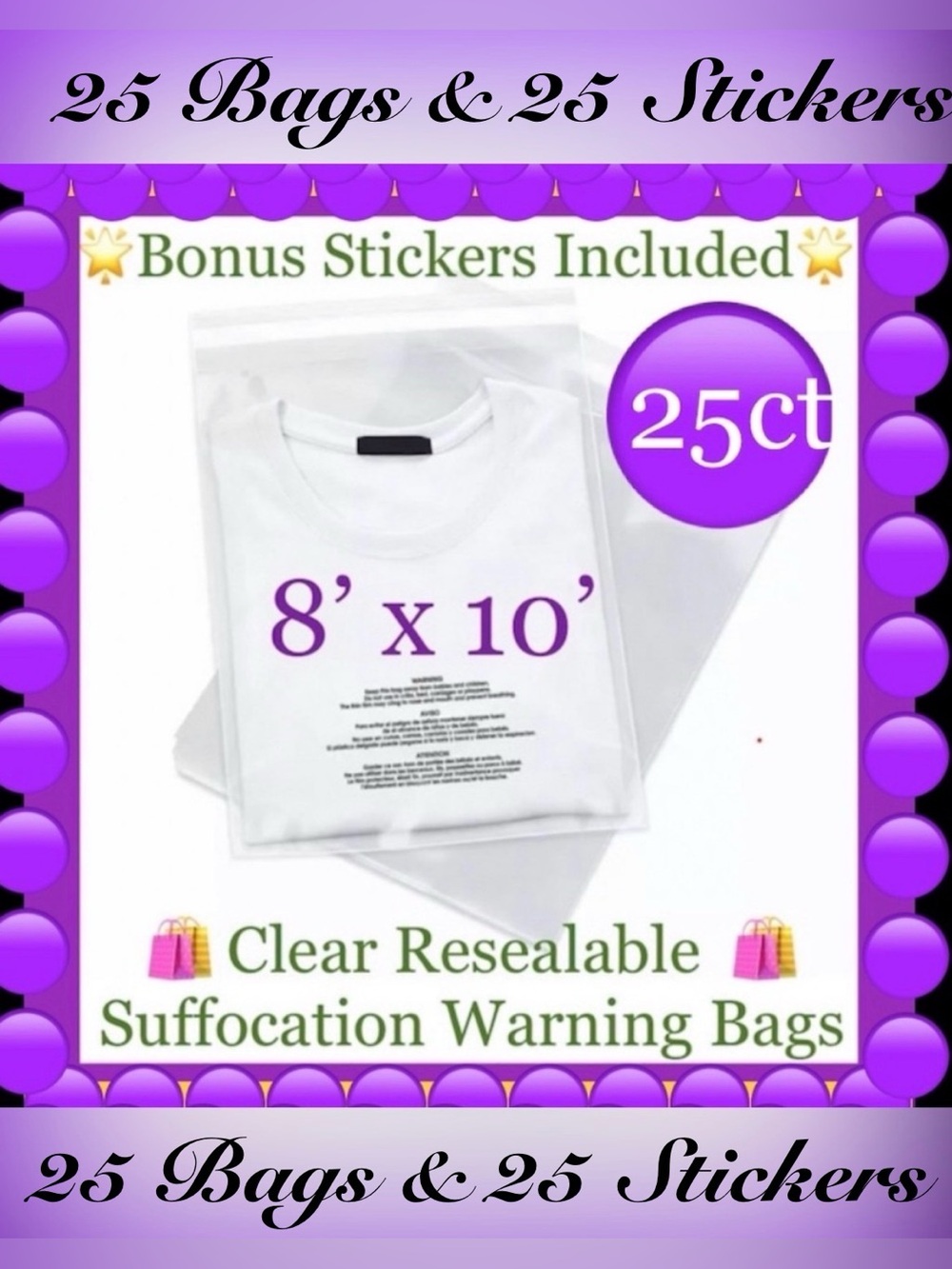 25ct~ 8x10’ Clear Poly Bags-Suffocation Label🟣🆕🟣 W/Free 25ct Thank You Stickers